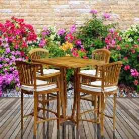 5 Piece Square Teak Wood Orleans Bar Table/Chair Set With Cushions