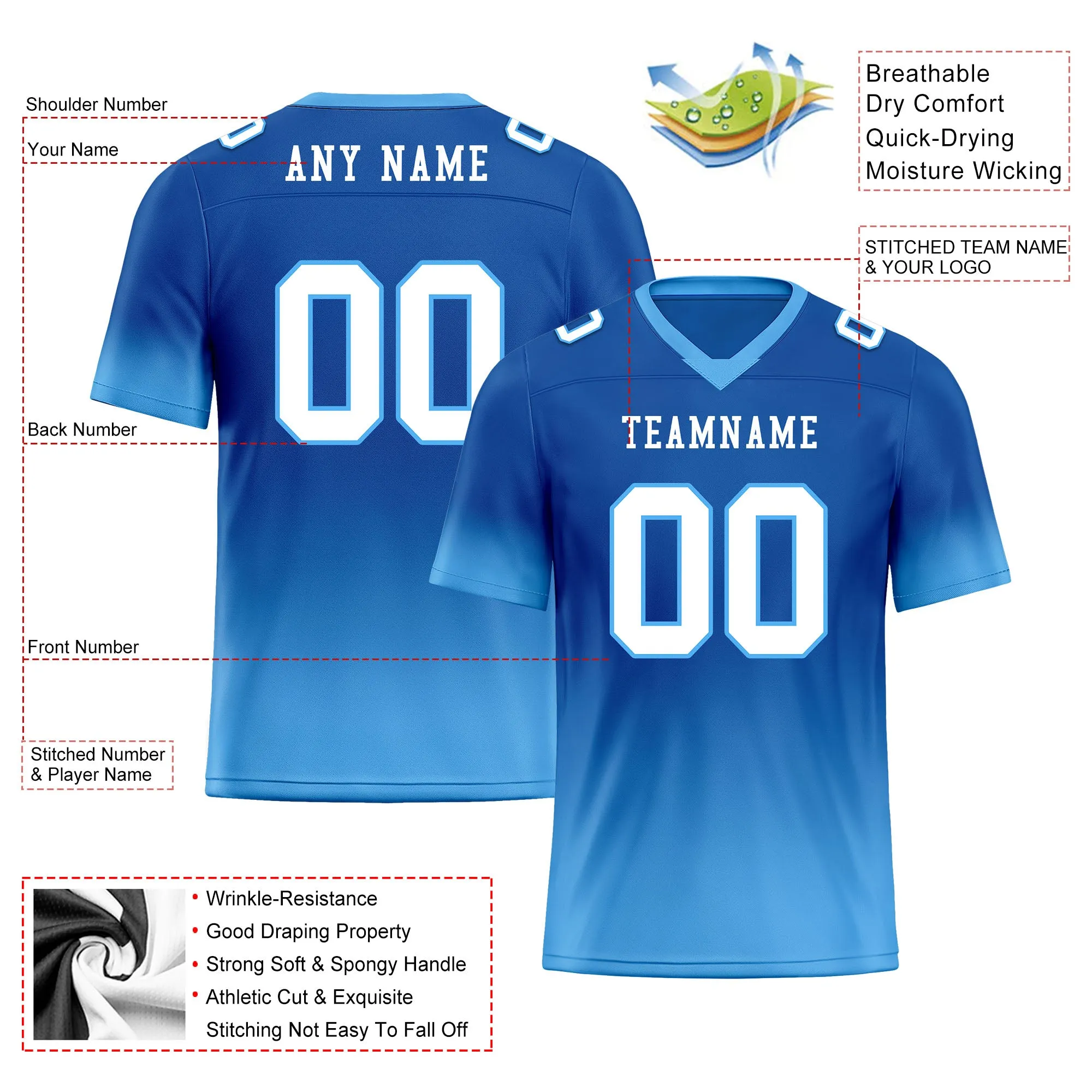 Custom Blue Pink Fade Fashion Personalized Authentic Football Jersey FBJ02-D06091